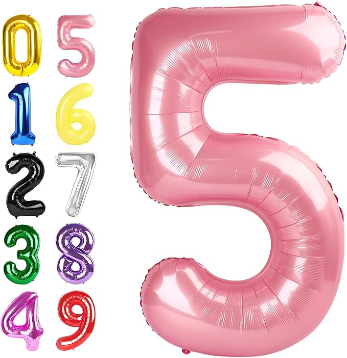 Number 5 Balloon 40 Inch, Foil Balloons for Boys And Girls, Pearl Pink Numbers Balloon for 5, 15, 25, 50 Birthday Party Decoration, Anniversary, Wedding, Single Supplies
