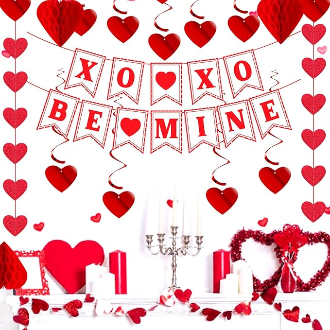 Galentines Party-Decoration Valentines-Day Heart Garland - 25pcs Red Paper Streamers Honeycomb Fans XOXO BEMINE Banner, Anniversary Baby Shower Wedding Love Hanging Supplies Decor Hugfond