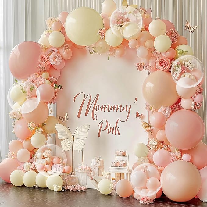 Pastel Pink Peach Balloon Arch Kit, Double Stuffed Pastel Light Pink Orange Ivory White Clear Bobo Spring Balloons Garland Kit for Wedding Bridal Shower Birthday Party Decoration