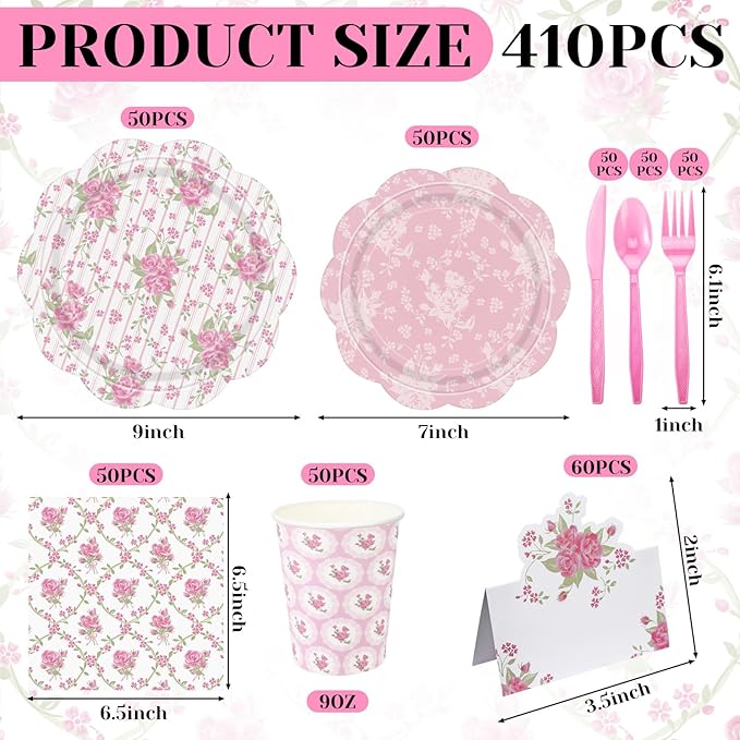 Shellwei 410 Pcs Tea Party Supplies Elegant Floral Paper Plates and Napkins Set Disposable Party Tableware Sets with Cups Knives Forks Spoons Seat Card Favors for 50 Guests