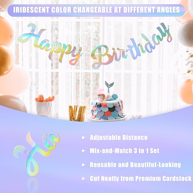 CANREVEL 3 PCS Iridescent Happy Birthday Banners, Hanging Star Garland and Pennant Banner Flags, Sparkling Iridescent Party Decorations, Iridescent Party Supplies for Women Men Girls Boys Adults