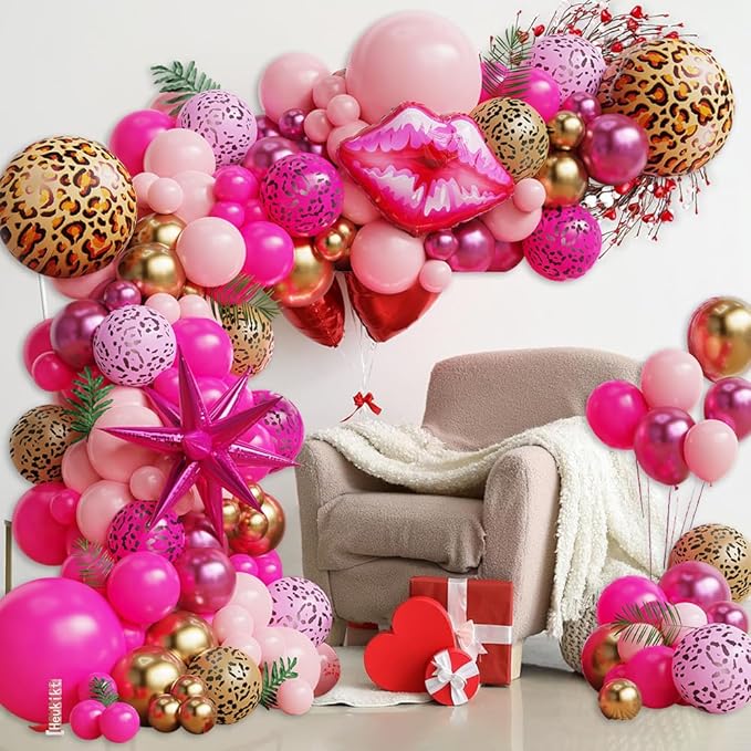 Hot Pink Cheetah Print Balloon Garland Arch Kit, 135pcs Pink Gold Latex Balloons with Lip Leopard Foil Balloon for Women Girls Birthday Bridal Shower Valentines Day Party Decorations
