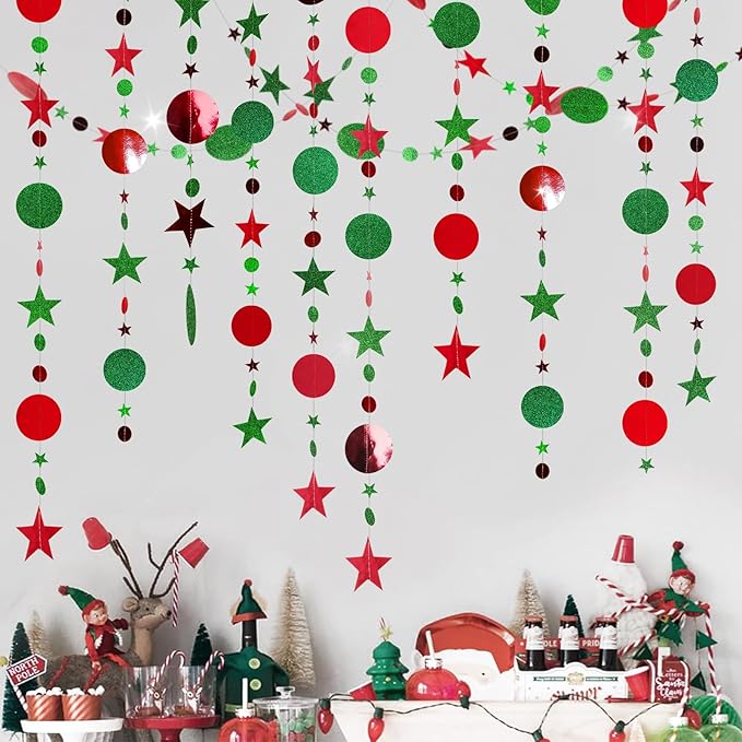 GCQQ 52Ft Christmas Garlands - Red Green Christmas Paper Streamers Garland Glitter Star Circle Dots Wall Hanging Decorations Indoor for New Year, Xmas Tree, Office, Table, Ceiling, Classroom