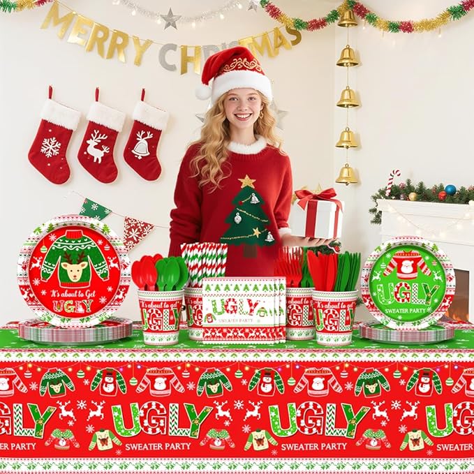 194pcs Christmas Ugly Sweater Decorations Xmas Disposable Dinnerware Set with Includes Plates, Cup, Napkin, Tablecloth, Tableware, New Year Ugly Sweater Party Supplies Plates Serve 24 Guests