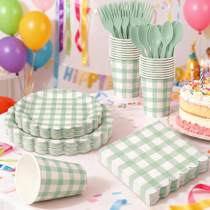 175 PCS Sage Green Gingham Party Supplies Includes Green Gingham Paper Plates, Cups, Napkins, Cutlery for Wedding Bridal Shower Birthday Baby Shower Party Decorations, Serves 25