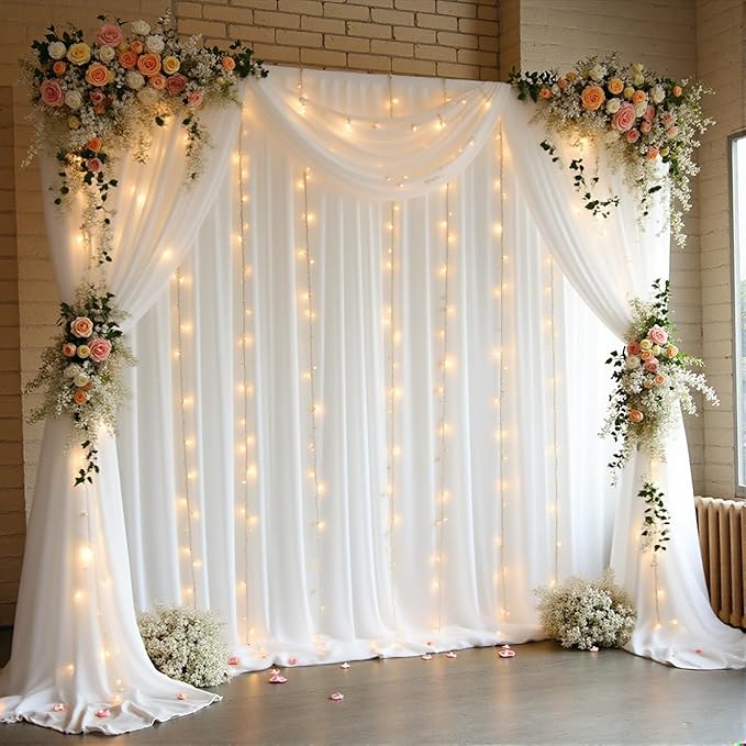 10 x 10ft White Backdrop Curtains with Lights String for Wedding Polyester Photo Backdrop Drapes Wrinkle Free White Curtains Backdrop for Birthday Parties Reception Baby Shower Ceremony-5 x 10ft x 2P