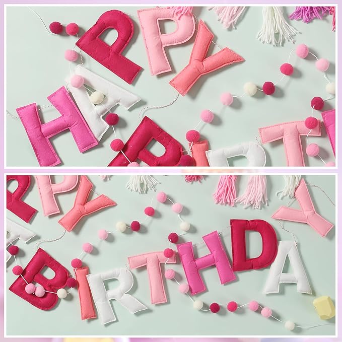Pre-Strung Happy Birthday Banner Felt Ball Garland Banner Sign for Pink Birthday Party Decorations Mermaid Party Decor
