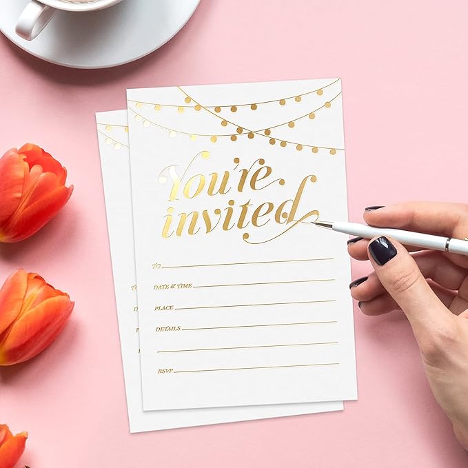 S&O Party Invitations! 25 Gold Foil Traditional Invitations with Envelopes, Wedding, Baby, & Bridal Shower Invite, Housewarming Birthday, and Girls Quinceanera Invite Cards for Every Celebration - 4x6