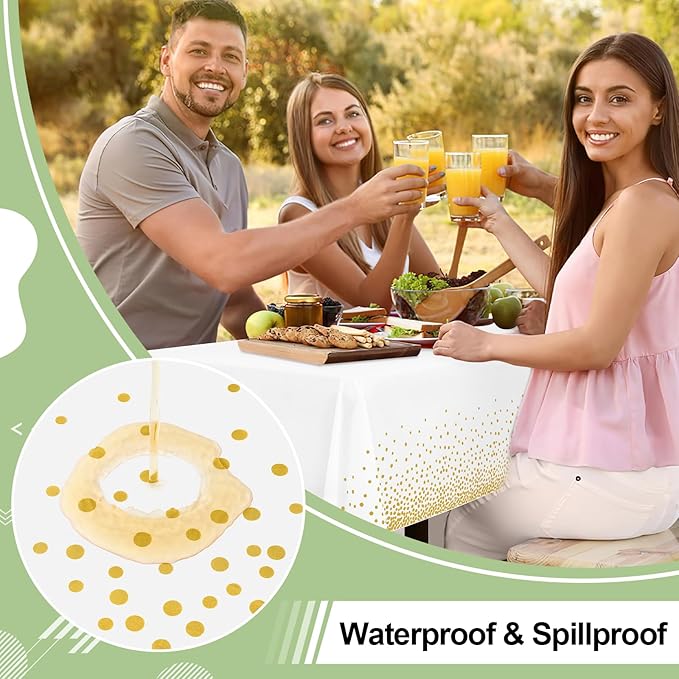 misaya 3 Packs Dot Disposable Table Cloth, 54 x 108 Inch Waterproof Plastic Tablecloth, Rectangle Gold Dots in White Table Covers for Easter, Picnic, Birthday, Party
