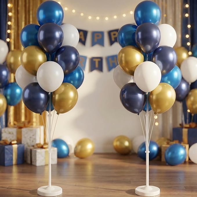 Balloon Column Kit Set of 2 With Balloons Included - Balloon Tower with Stand, Base, and Pole,Backdrop Decoration for Wedding, Baby Shower, Birthday Party, or Bachelorette Parties (Gold Blue white)