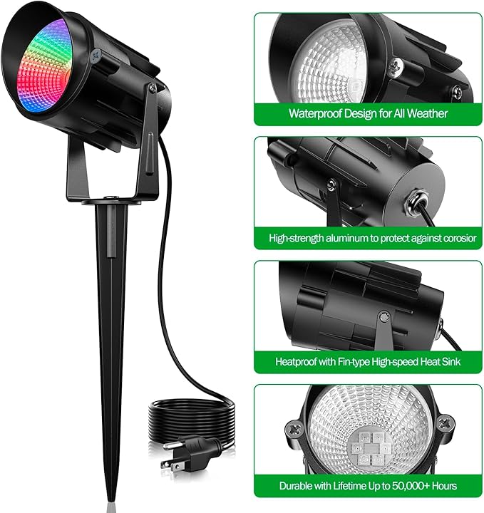 Outdoor Spotlights RGBW Led Lights, 12W Color Changing Landscape Lighting for Garden House Tree, 120V Waterproof Outdoor Spot Lights for Yard with Remote Control (2 Pack)