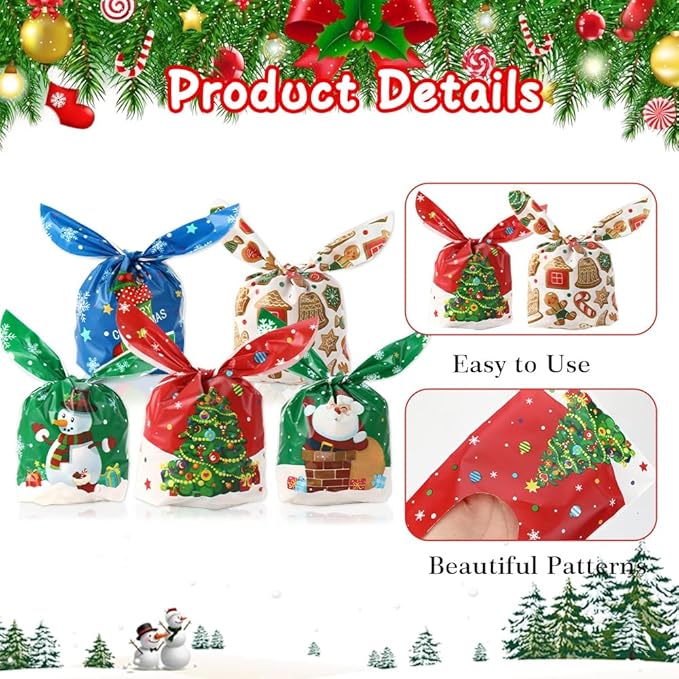 Christmas Treat Bags, 100 Pcs Xmas Plastic Cellophane Goodie Candy Cookie Rabbit Ears Gift Bag, Plastic Snack Goody Present Wrapping Bag for Christmas Holiday Event Party Favors Decoration (5 Designs)