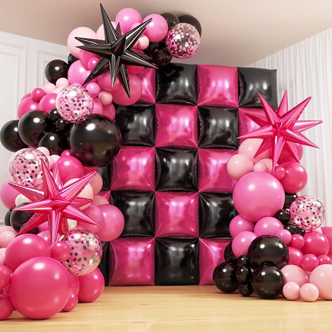 152Pcs Pink and Black Foil Square Balloon Wall Backdrop with Hot Pink Black Latex Balloons Arch Garland Kit, Double Sided Balloon Tunnel for Birthday Bridal Shower Baby Shower Anniversary Decorations