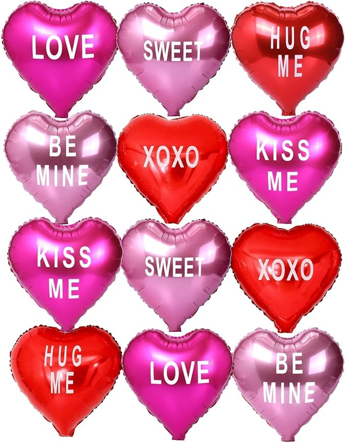 12 pcs Heart Balloons,18" Foil Love Balloons Mylar Balloons, XOXO LOVE SWEET BE MINE heart balloons Valentines Day Decorations Balloons for Propose,Wedding Décor Backdrop & Party Supplies (TEXT HEART)