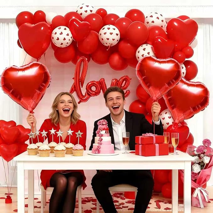 117pcs Valentines Day Balloon Arch Kit and 1000pcs red rose petals, Red Confetti Heart Balloons Love Foil Balloons for Valentines Day Balloon Decorations Engagement Wedding Party Supplies