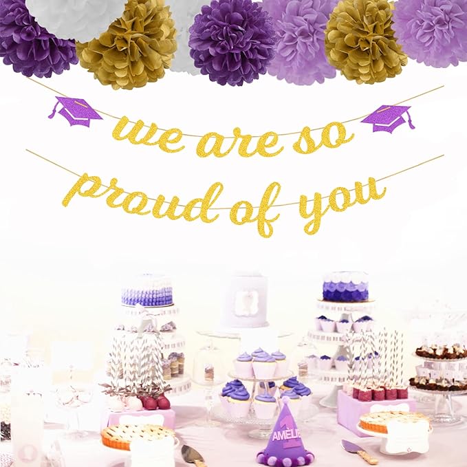 Purple White-Gold Party-Decoration Graduation Banner - 8pcs Kits Cap Garland Streamers, Paper Tissue Pom Poms Flowers,We are So Proud of You Congratulations Grad 2024 Decor Lasting Surprise