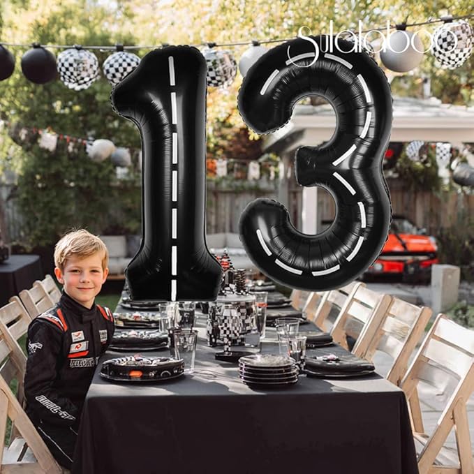 Race Car 40Inch Black 13 Balloon Number Large Helium Race Track 0-9 Giant Digital 13th Foil Mylar Big Party Number Balloons for Boy Birthday Car Theme Party Anniversary Graduation Decorations