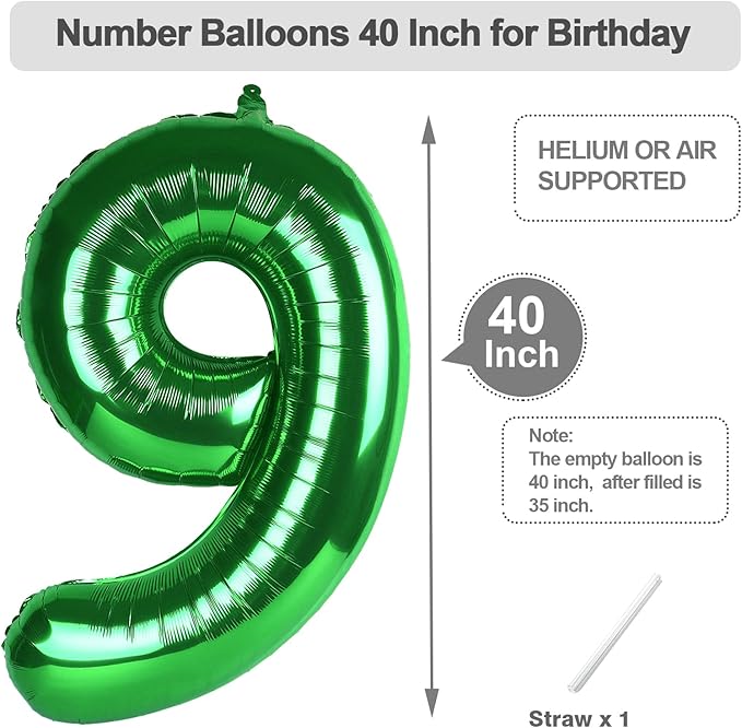 Dark Green 9th Birthday Balloon, Foil 40 Inch Happy 9 19 29 90 Birthday for Men And Women, Foil Balloons Decoratins for Wedding Anniversary, Single, New Year, Party Syupplies