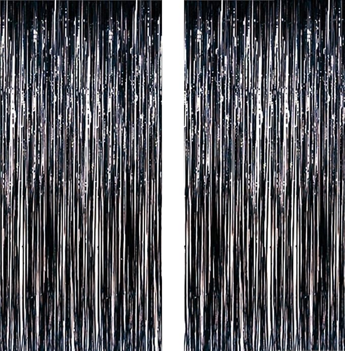 2 Pack 3ft x 8ft Foil Fringe Backdrop Metallic Tinsel Door Window Curtain Party Photo Booth Props for Birthday Bachelorette Wedding Graduation Party Decorations (Black)