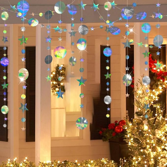 Cheerland Iridescent Party Decorations Holographic Star Garland Hanging Stars Moon Streamer Galaxy Birthday Decoration Ramadan Eid Banner Baby Shower Backdrop Space Alien Celestial Party Decor