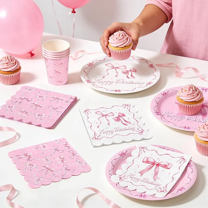 Pink Bow Happy Birthday Decorations Set for 24: Bachelorette Party Supplies Kit with Dinner & Dessert Plates, Napkins, Cups, Banner, Tablecloth - for Women's Tea Birthday Party Decorations