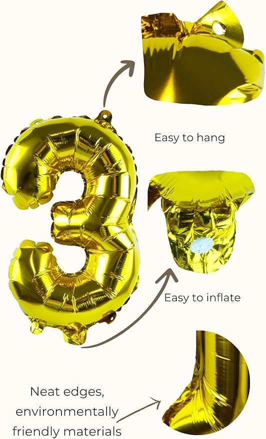 Gold Number “3”Balloons 16 Inch, Mylar Foil Custom Single Letter, Hanging, Reusable for girls boys adults Birthday,Surprise,Wedding, Celebration, Sports Party Event Decoration Supplies
