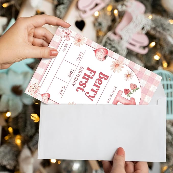 1st Birthday Invitations, Berry First Invites for Girls Boys, 20 Pcs Double-Sided Fill In Invitations with Envelopes, Birthday Party Favor & Supplies 6 x 4 Inch