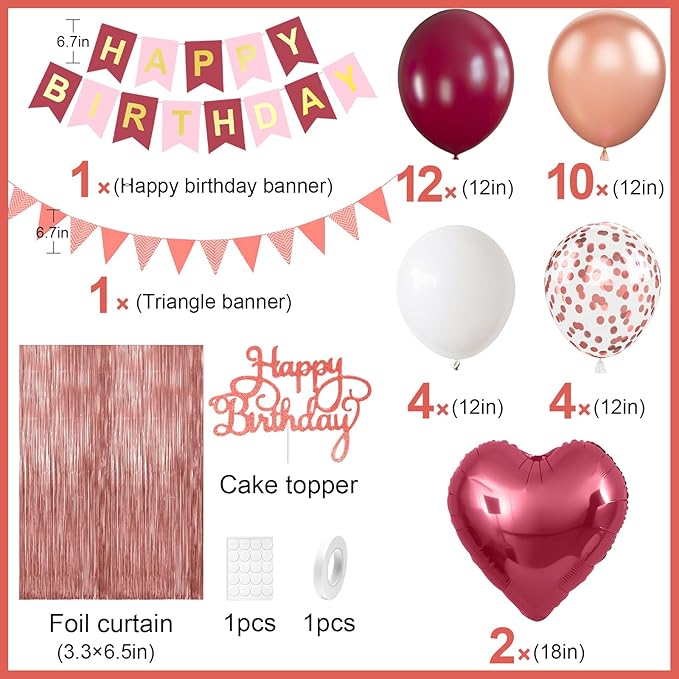 Burgundy Birthday Decorations,Happy Birthday Banner Wine Red Balloons Fringe Curtain Heart Foil Balloons for Women Girl