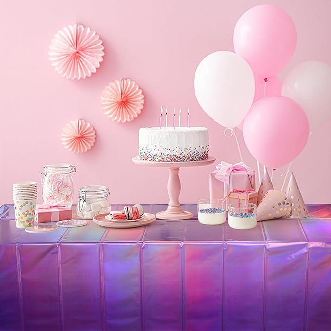 6 Pack Ombre Iridescent Pink and Purple Plastic Tablecloths, Shiny Disposable Laser Rectangle Table Covers Holographic Foil Tablecloth Iridescent Kpop Birthday Bridal Party Decoration, 54x108 Inch