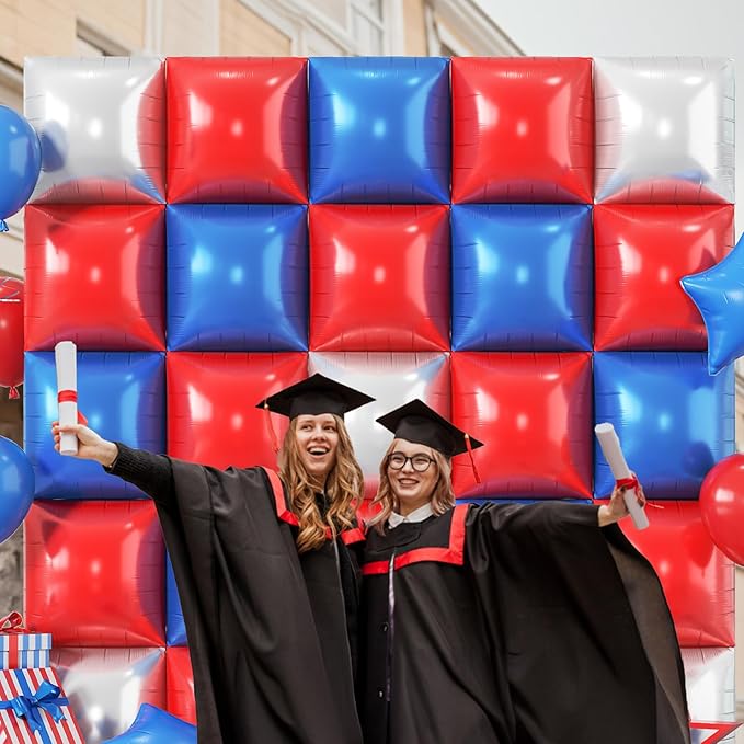 Blue Red Square Balloon Foil, 25PCS Double Sided Royal Blue Red and Metallic Silver Square Foil Balloon Backdrop Wall for 4th of July Independence Day Memorial Day Baseball Sport Birthdays Graduation
