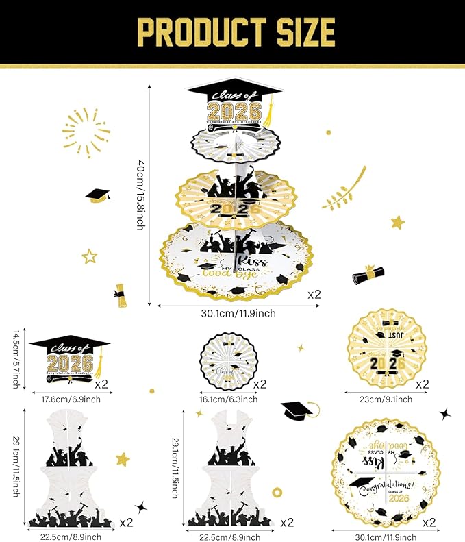 Set of 2 Graduation Cupcake Stand for 50 Cupcakes Black Gold Graduation Cap Decorations Cardboard Cake Dessert Holder Tower for Class of 2026 Congrats Grad Party Supplies