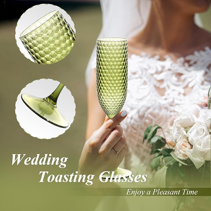Plastic Champagne Flutes Champagne Glasses Unbreakable Wedding Toasting Glasses Reusable Diamond Wine Glasses Crystal Clear Party Wine Cups Vintage Drinking 5.5 OZ for Wedding (12, Green)
