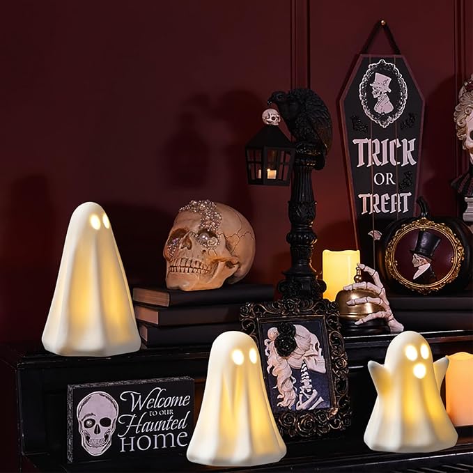 [Timer]Light Up Ghost Halloween Decor, 3 Pack Ceramic Halloween Ghost Decorations Indoor, Ceramic White Ghost Figurines Ghost Statue Cute Ghost Sculpture Spooky Halloween Decor for Home Table Tray