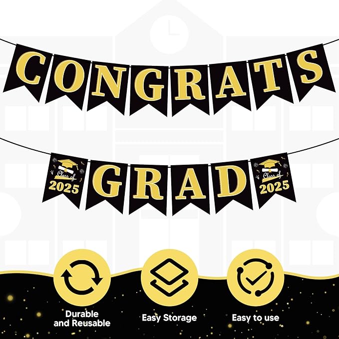 OHOME Graduation Decorations 2025 - Congratulations Banner - 2025 Graduation Party Decorations - Black Gold Congrats Grad Banner Party Supplies