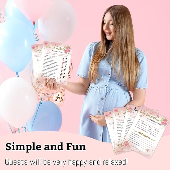 HOMANGA Baby Shower Games for Girl, 4 Fun Games for 25 Guests, Pink Floral Baby Shower Decorations, Who Knows Mommy Best, Guess Who Mommy or Daddy, Word Scramble, Babies Descriptions & Well Wishes