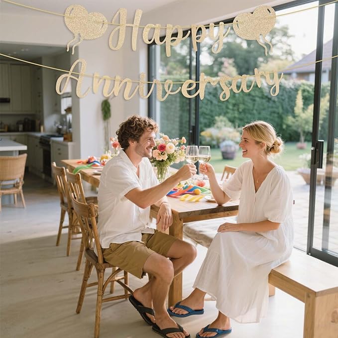 Happy Anniversary Banner, Champagne Gold Anniversary Banner Romantic Balloon Garland Decorations Sign for Bedroom Wedding Party