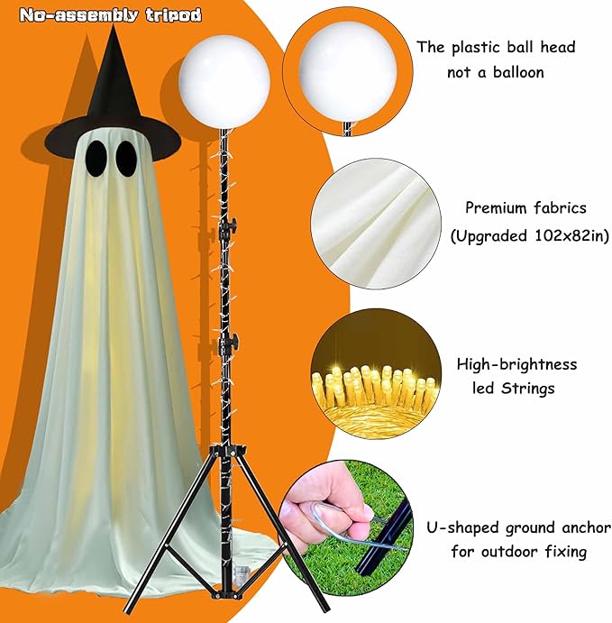 2Packs Halloween Decorations Outdoor, Cute Halloween Decorations Indoor, DIY Ghost Kit Decor with Witch Hat Remote Control String Lights, Spooky Ghost Scary Decor for Front Porch Yards Gardens Lawn