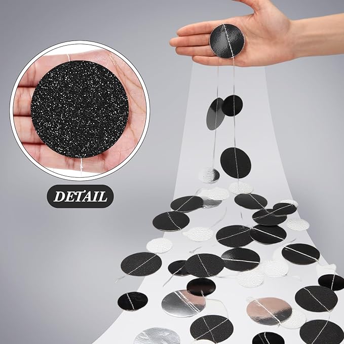 Outus 10 Pieces Black,Silver Round Dots Garland Easter Graduation Party Hanging Decor Each Length 13.1ft Glitter Paper Dot Streamers for Birthday Wedding Classroom