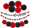 Red Black Party-Decoration Graduation Banner - 14pcs Kits Cap Garland Streamers, Paper Tissue Pom Poms Flowers Fans Honeycomb,Class Of 2026 College High School Grad Decor Hugfond