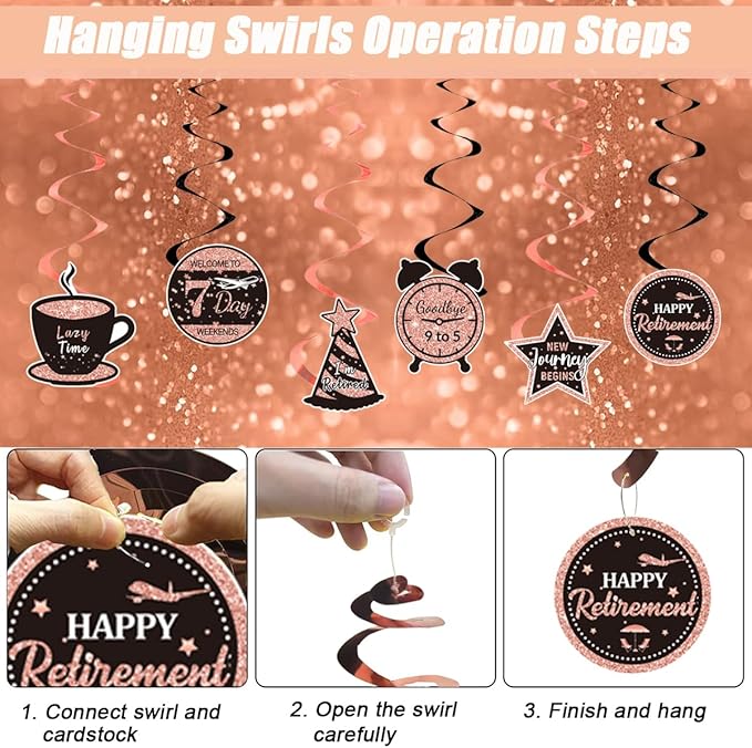 Happy Retirement Party Decorations Men Women, Rose Gold Retirement Party Decorations, Happy Banner, Backdrop, Hanging Swirls, Honeycomb Centerpiece