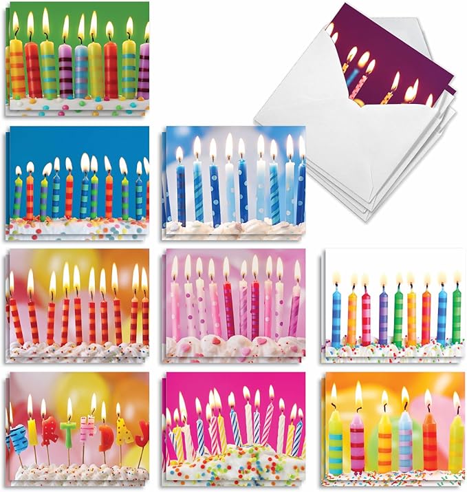 The Best Card Company - 10 Happy Birthday Note Cards Blank - Assorted Bulk Notecards, Cute Boxed Set (4 x 5.12 Inch) - Birthday Candles M6555BDB