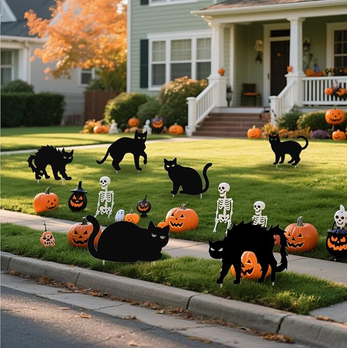 6 PCS Halloween Yard Signs,Scary Black Cat Yard Signs with Stakes,Halloween Decoration for Lawn Garden Courtyard