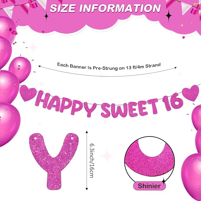 Fulmoon Pre Strung Happy Sweet 16 Banner Glitter Sixteenth Birthday Party Decorations 16th Party Sign Sweet 16 Party Decorations for Birthday Party Bachelorette Party(Hot Pink)