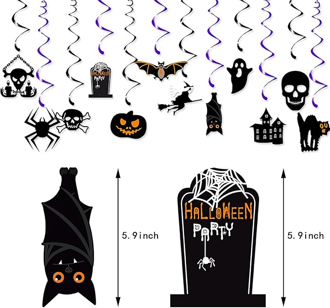 Halloween Bats Witch Party-Decorations Streamers - 12pcs Spooky Creepy Ghosts Skulls Skeleton Pumpkin Cats Spiders Hanging Swirls Banner,Window Fireplace Classroom Ceiling Garland Decor Panduola
