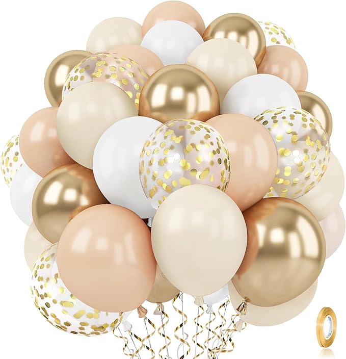 Gold White Sand Confetti Balloons, 50pcs 12 inch Beige Gold Nude Neutral Balloons for Birthday Wedding Bride Shower Party Decoration