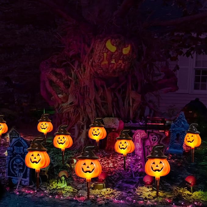 6 Pack Solar Jack O Lantern Stake String Lights - Orange Halloween Pathway Decor for Outdoor Halloween Yard Display