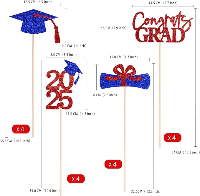 Gexolenu 16 PCS Red and Blue Double-Sided 2025 Graduation Centerpieces for Tables, 2025 Table Toppers Party Centerpiece Sticks Party Supplies, Graduation Party Decorations Class of 2025, Set of 4