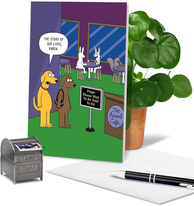 NobleWorks - 1 Funny Animal Card for Birthdays - Pet Cat and Dog Humor, Birthday Notecard with Envelope - The Animal Cafe C6384BDG
