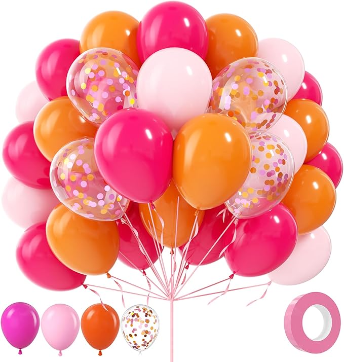 Pink and Orange Balloons, 100Pcs 12inch Hot Pink Orange Pink Latex Balloons and Confett Balloons with 1 Ribbons for Birthday Baby Shower Wedding Graduation Tropical Party Decoration
