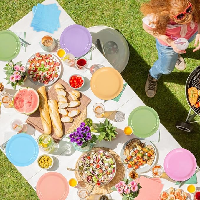 192PCS Pastel Party Supplies Set Rainbow Tableware Bulk Include Paper Plates Cups Napkins Colorful Mix Color Disposable Dinnerware Decorations for Baby Shower Graduation Carnival Wedding